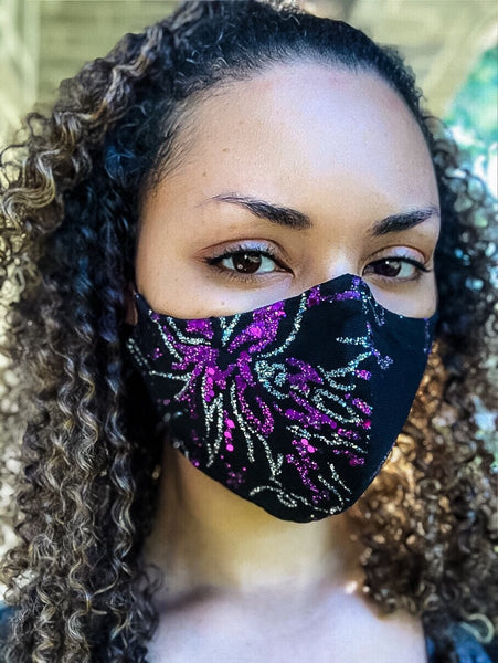 4 Layer Black, Fuschia, and Silver Glitter Glam Face Masks with removable nose wire and Filter Pocket, Black Glitter Mask, Fancy Mask