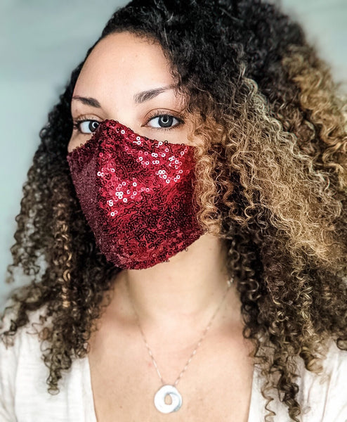 4 Layer Burgundy Sequin Glam Face Masks with removable nose wire and Filter Pocket, Burgundy Sequin Mask, Burgundy mask, Wine sequin mask