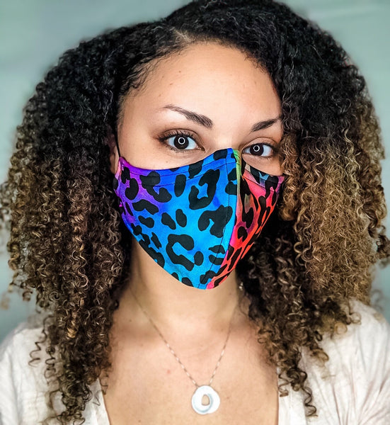 Neon Pink and Blue Tie Dye Cheetah Print 3 Layer Face Masks with removable nose wire and Filter Pocket, Cheetah Print Mask, Glam Mask