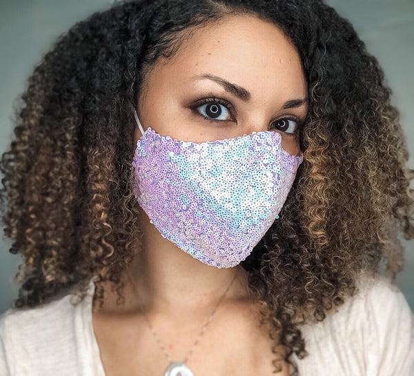 4 Layer Lavender Iridescent Sequin Cotton Lined Glam Face Masks with removable nose wire and Filter Pocket, Sequin Face Mask, Glam Mask