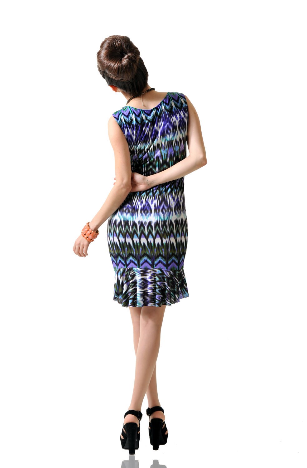 Tribal Print Body Con Shift Dress with Flounce Hem