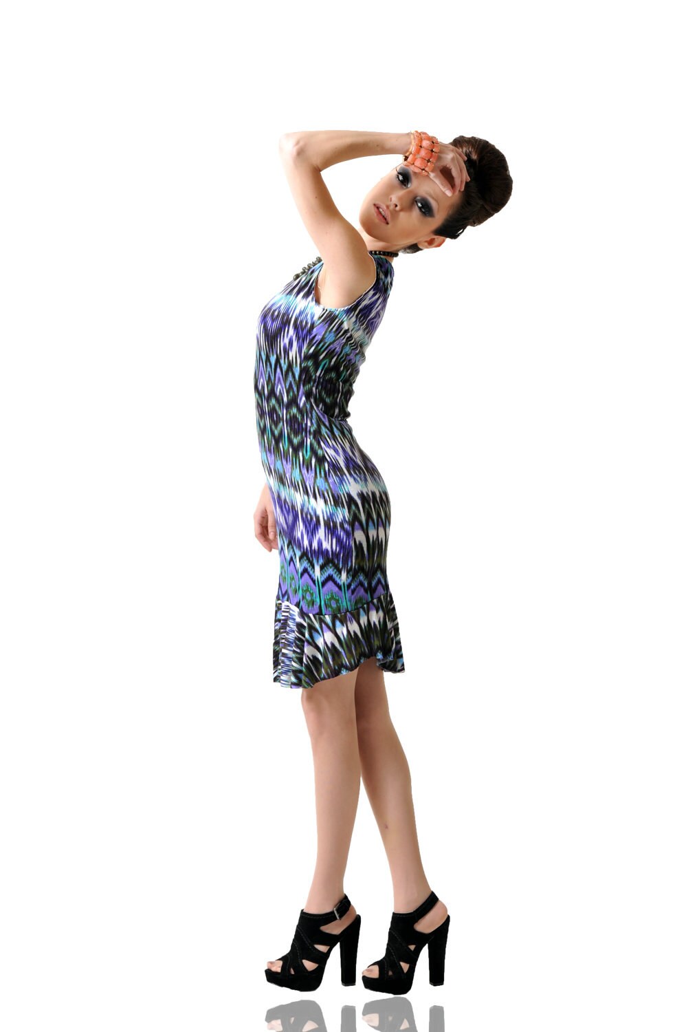 Tribal Print Body Con Shift Dress with Flounce Hem