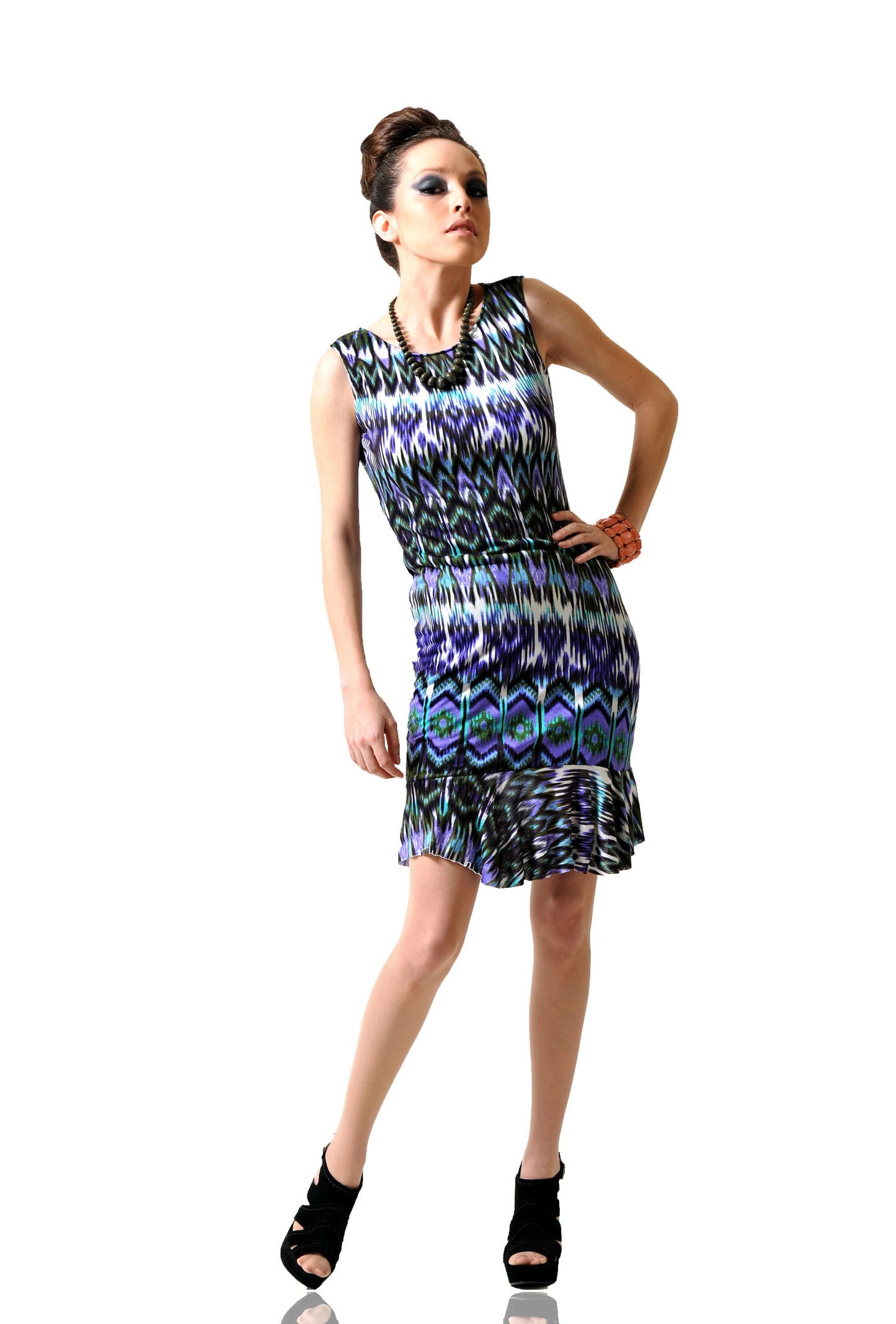 Tribal Print Body Con Shift Dress with Flounce Hem