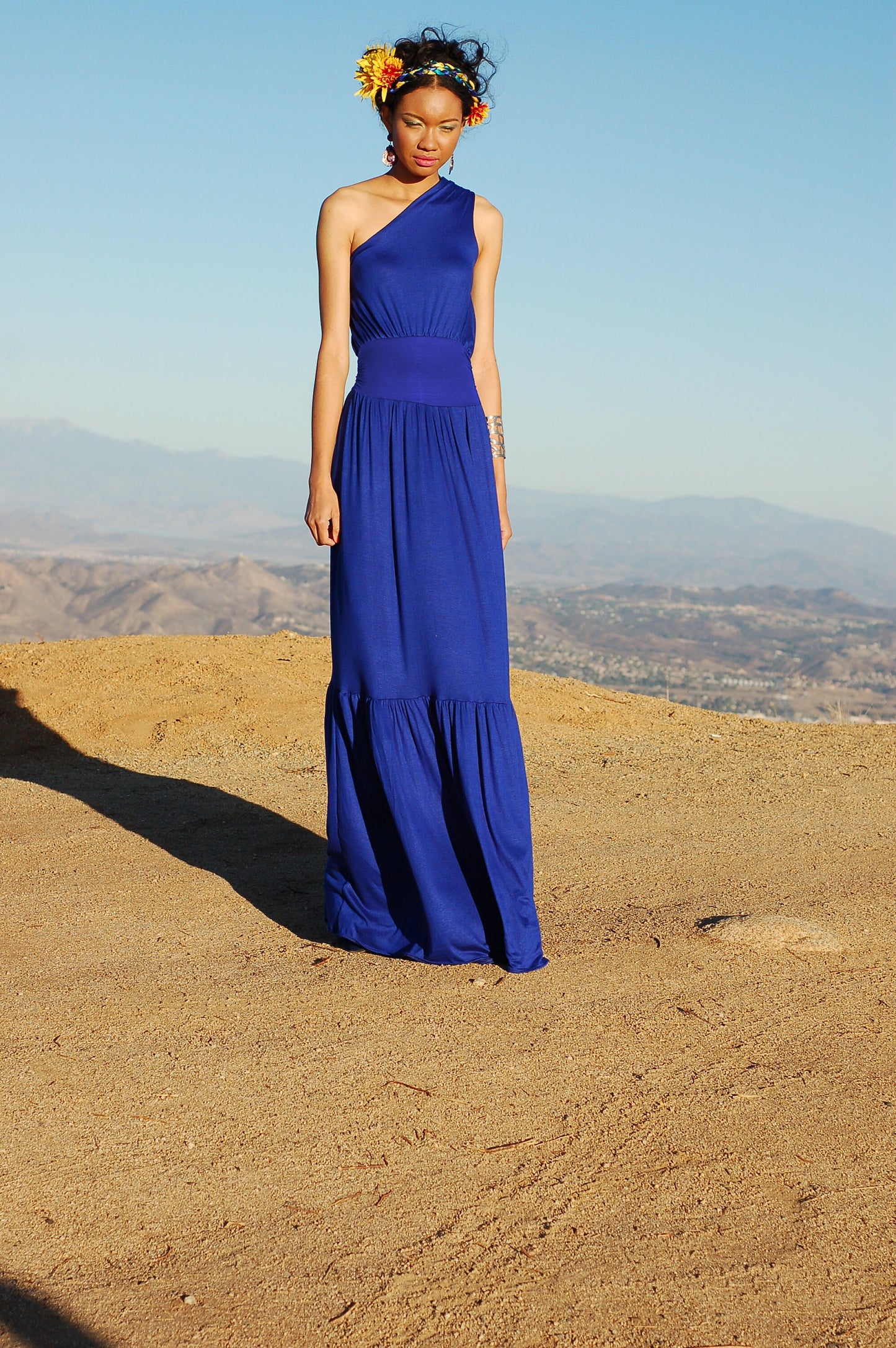 One Shoulder Cinched Waist Maxi Dress, Maxi Dresses, Blue Maxi Dress, One Shoulder Dresses, Blue Dresses, Tiered Dress, Long Dresses