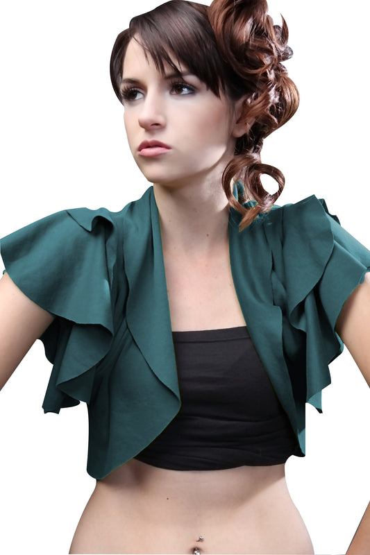 Ruffled cropped Bolero Shrug, shrugs, Bolero, Open-Front Bolero, Ruffled Bolero, Coverlet Shrug, Stretch Shrug Bolero