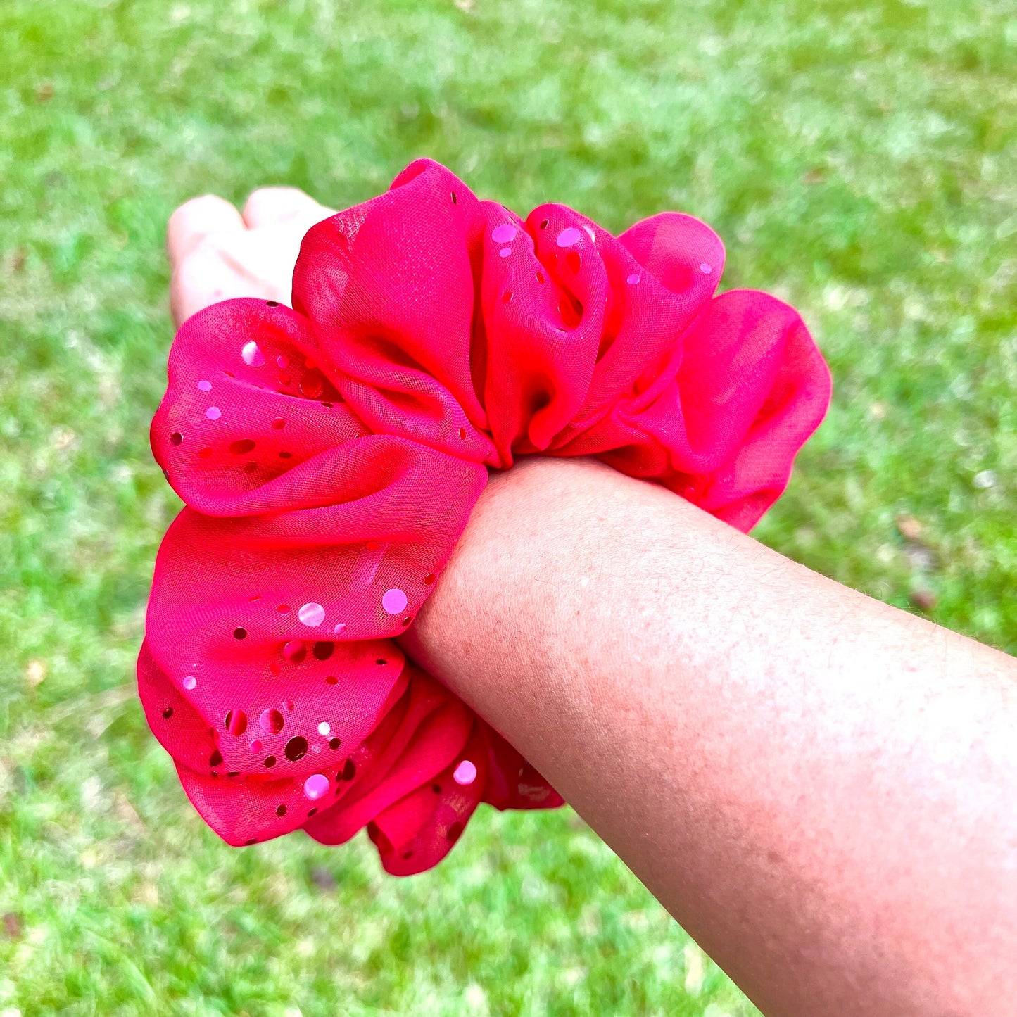 Red Dotted Foil Chiffon Scrunchie, Chiffon scrunchie, hair scrunchie, scrunchies, stocking stuffers, bridesmaids gift, limited edition