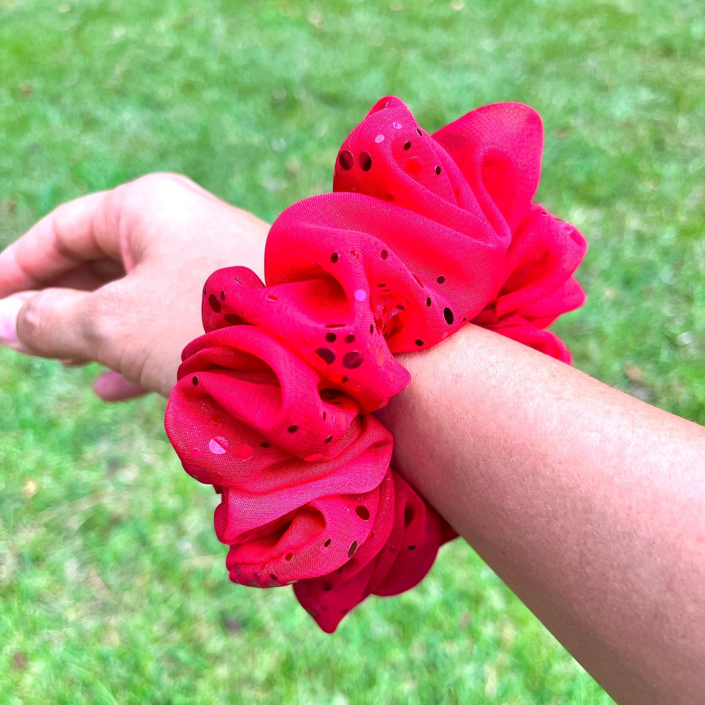 Red Dotted Foil Chiffon Scrunchie, Chiffon scrunchie, hair scrunchie, scrunchies, stocking stuffers, bridesmaids gift, limited edition