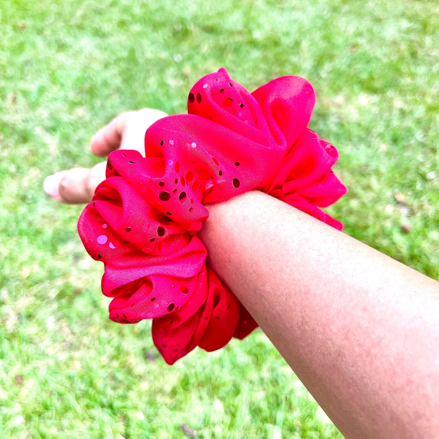 Red Dotted Foil Chiffon Scrunchie, Chiffon scrunchie, hair scrunchie, scrunchies, stocking stuffers, bridesmaids gift, limited edition