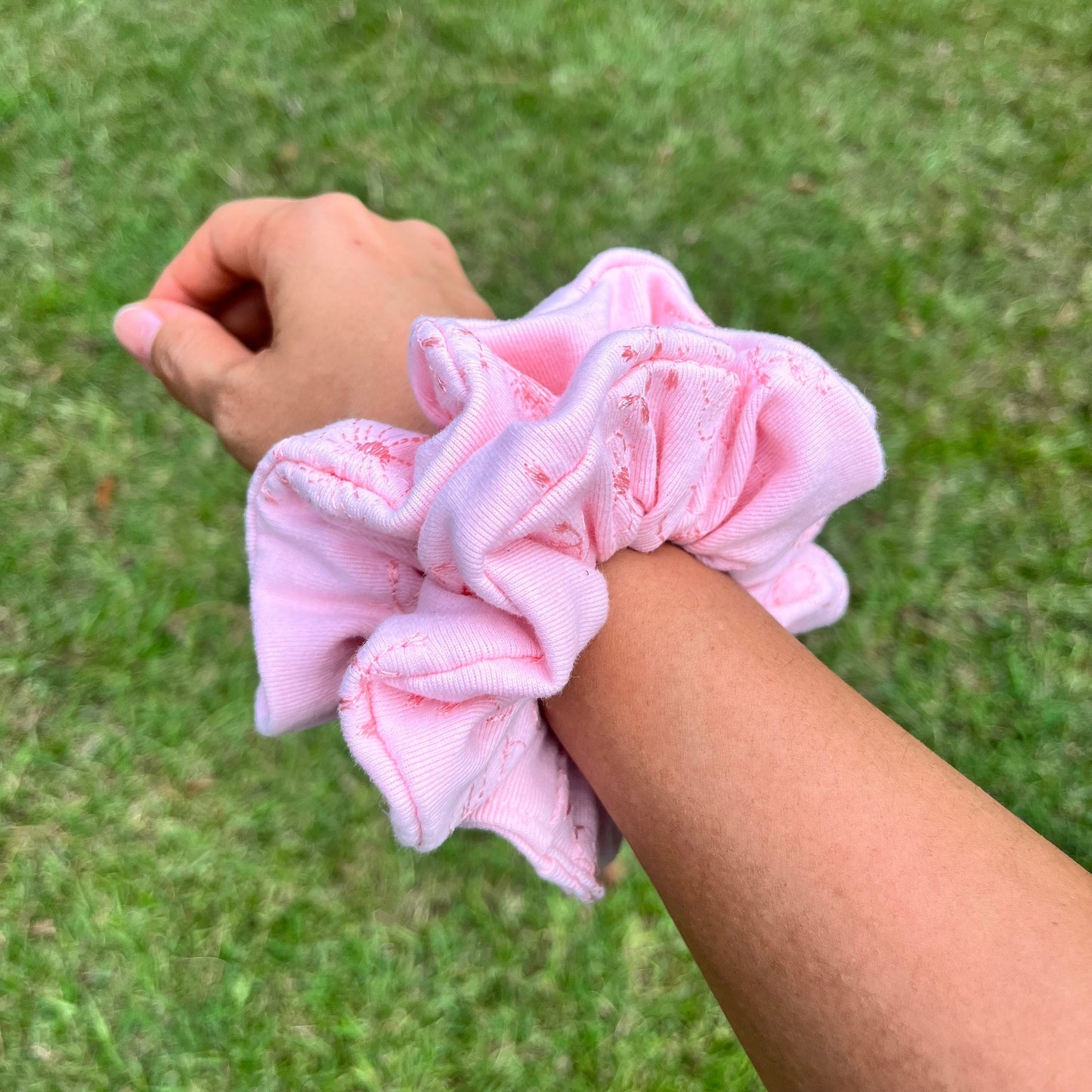 Pink Embroidered Flower Scrunchie, stretchy scrunchie, hair scrunchie, scrunchies, stocking stuffers, bridesmaids gift, limited edition