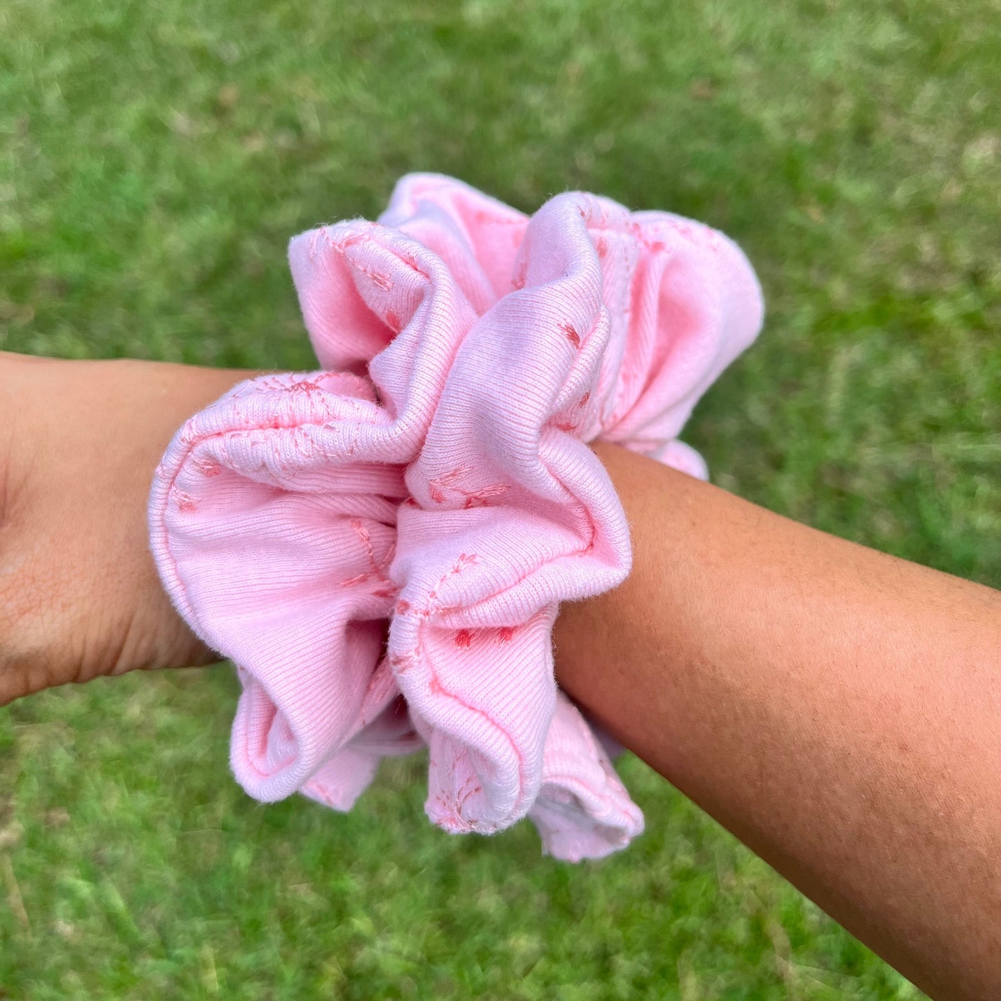 Pink Embroidered Flower Scrunchie, stretchy scrunchie, hair scrunchie, scrunchies, stocking stuffers, bridesmaids gift, limited edition