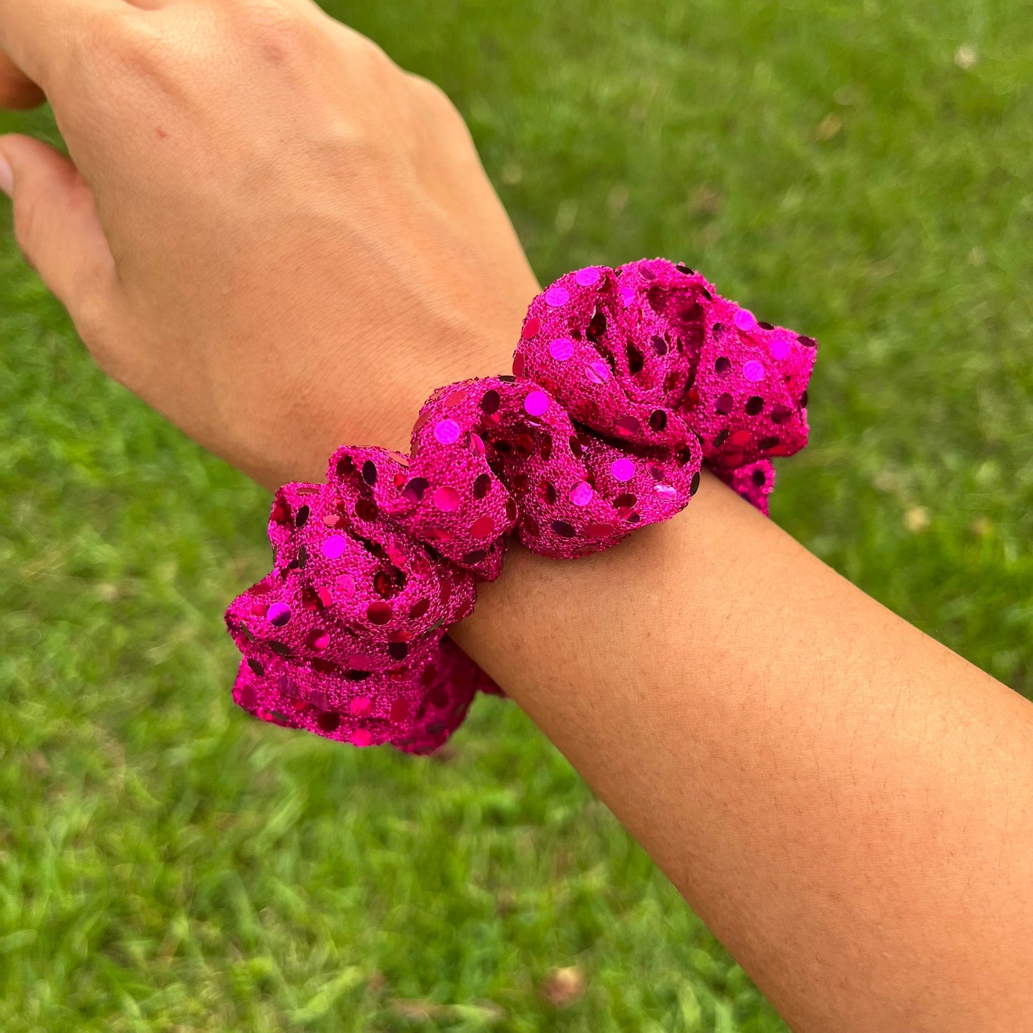 Fuchsia Dotted Foil Scrunchie, cute scrunchies, trendy scrunchies, space bun scrunchies, hair ties, fun scrunchies, pink scrunchies