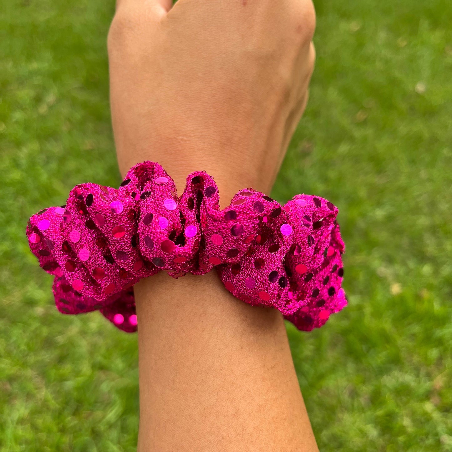 Fuchsia Dotted Foil Scrunchie, cute scrunchies, trendy scrunchies, space bun scrunchies, hair ties, fun scrunchies, pink scrunchies