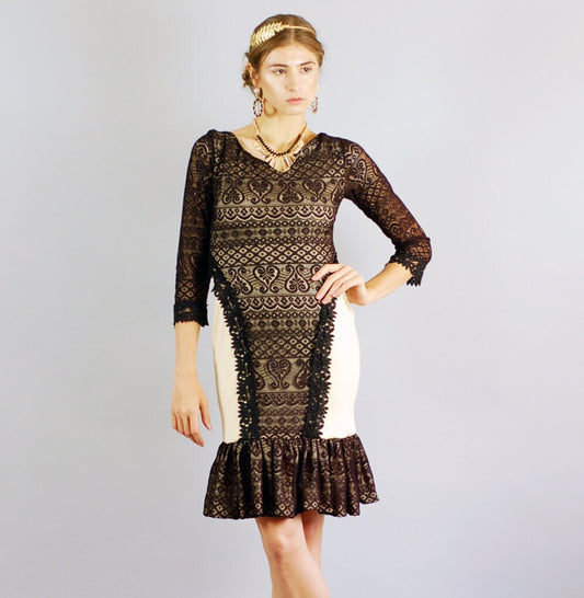 Anne Black Lace and Tan Mini Dress-Size S