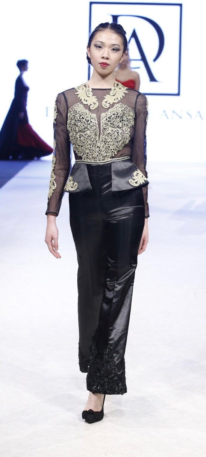 Black Silk and satin gold embroidered jumpsuit