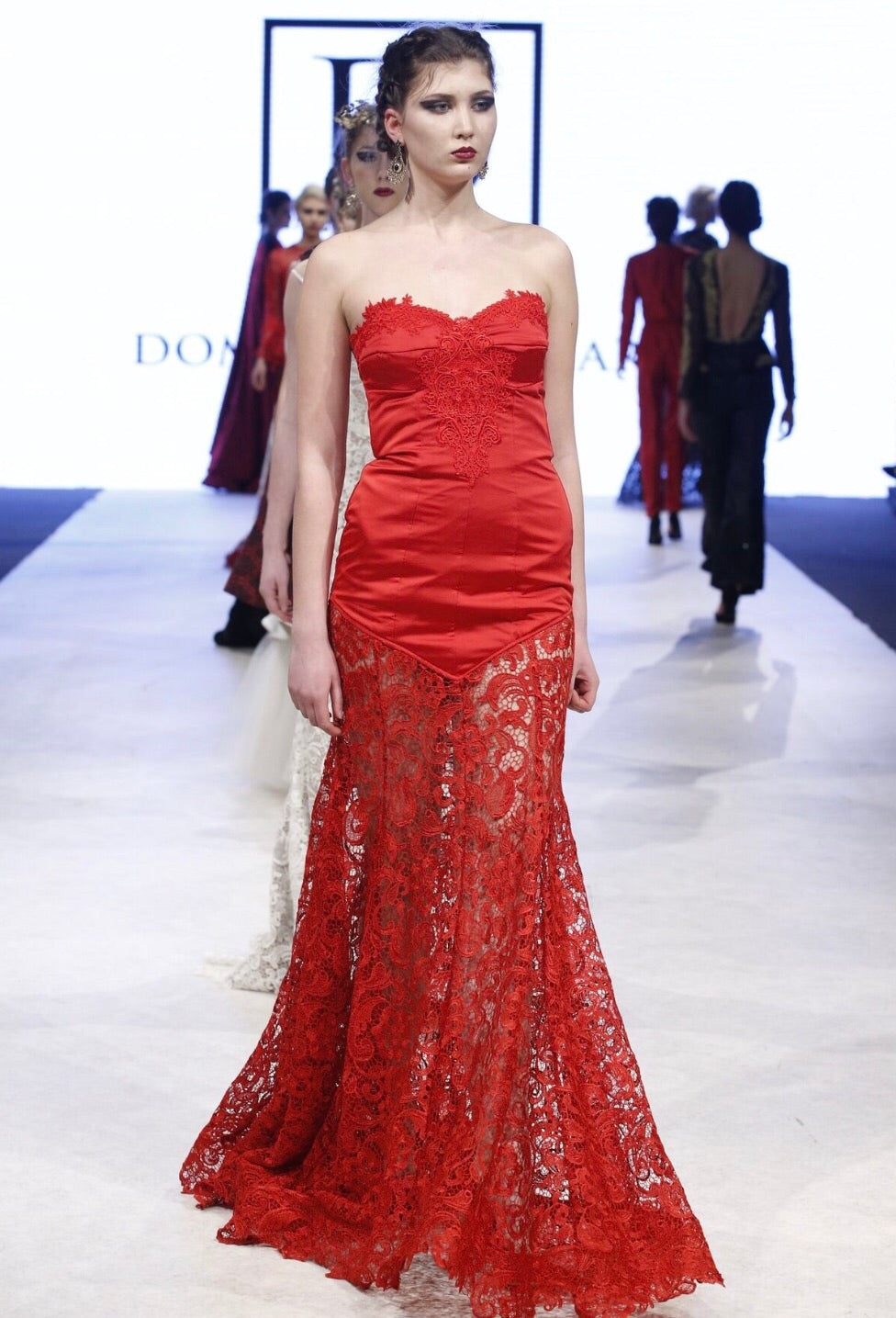 Red Satin and Lace Bustier Embroidered Gown