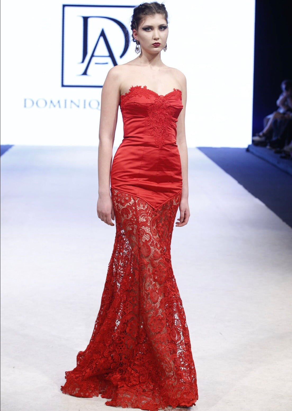 Red Satin and Lace Bustier Embroidered Gown